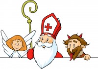 Saint Nicholas, devil and angel peeking out behind white surface - vector illustration